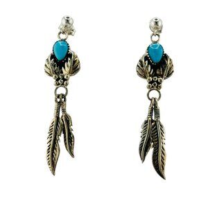 Turquoise Feather Drop Earrings - Silver-Tone Boho Chic